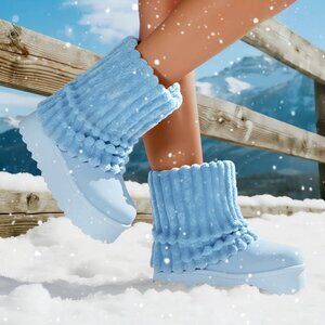 Women Winter BABY BLUE Fuzzy Faux Fur Lined Calf High Boots 2 inch Sole